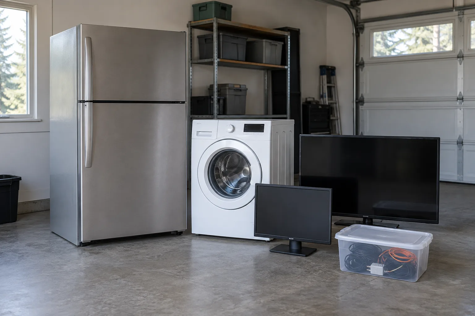 Illustrative appliances and electronics staged separately
