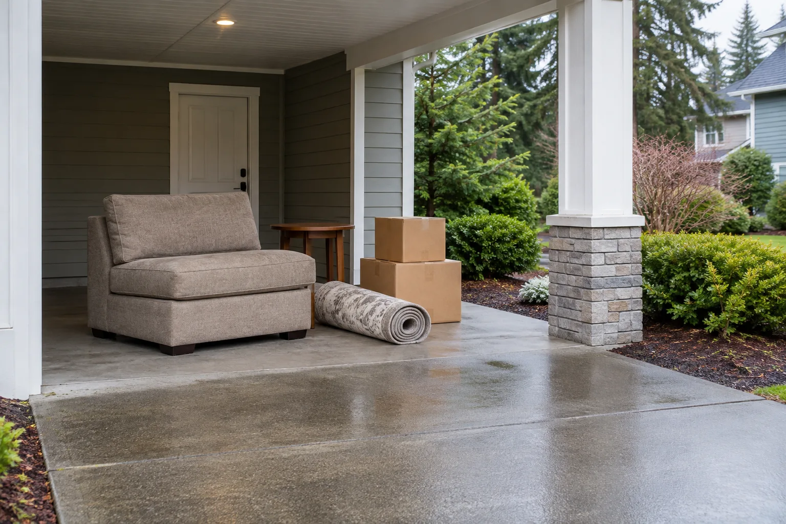 Illustrative bulky items safely staged in a covered carport