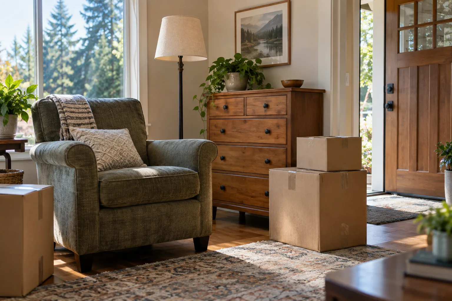Illustrative scene of gently used furniture and boxes staged near a front door