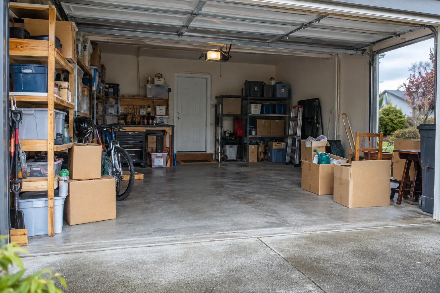 Illustrative organized residential garage during a cleanout