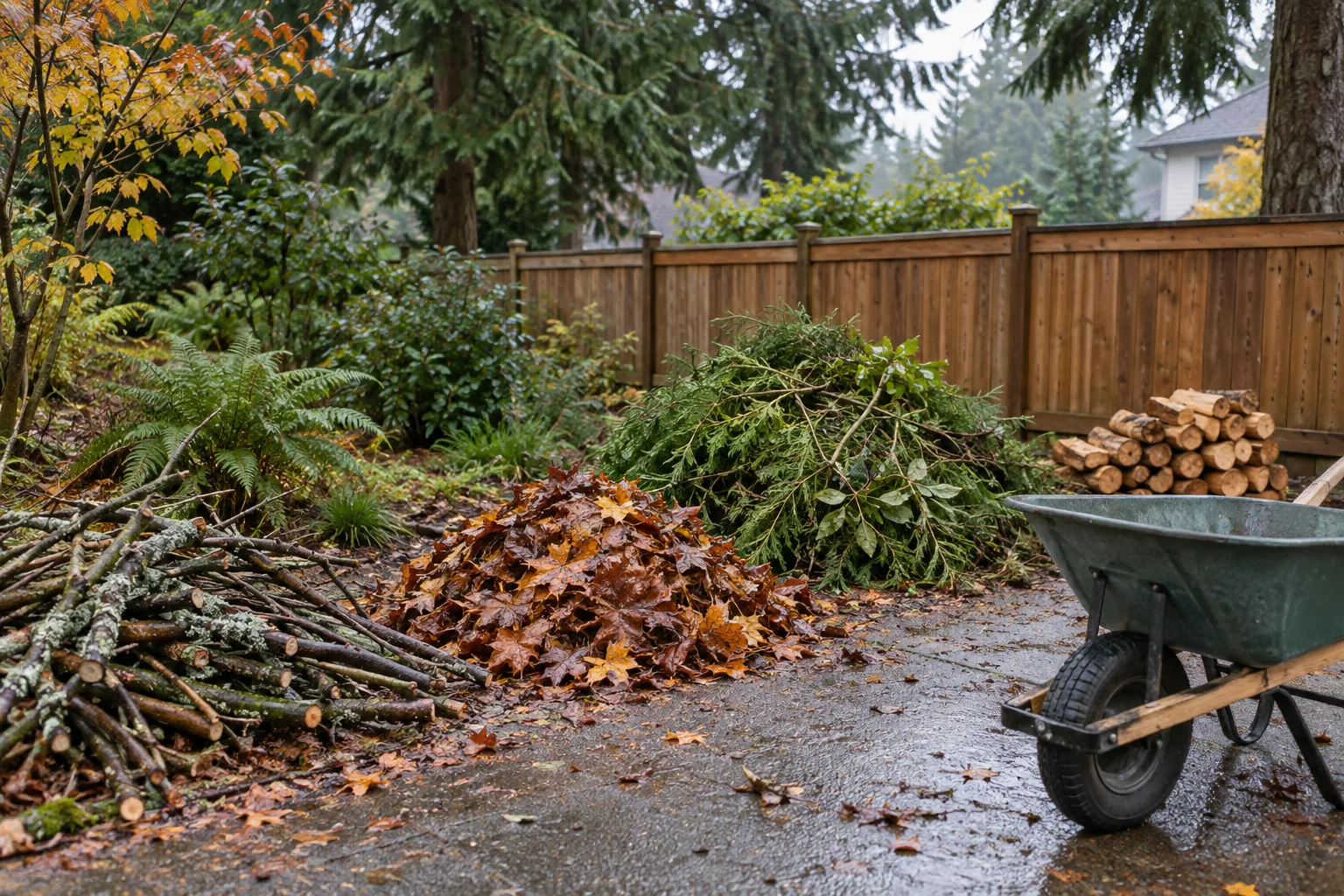 Illustrative Bothell backyard with branches, leaves, brush, clean wood, and a wheelbarrow